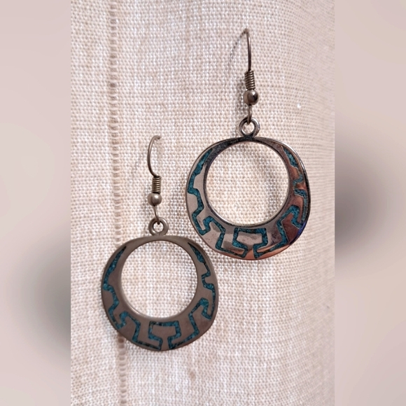 Taxco 925 Sterling Silver And Turquoise Hoop Earrings - Picture 1 of 4
